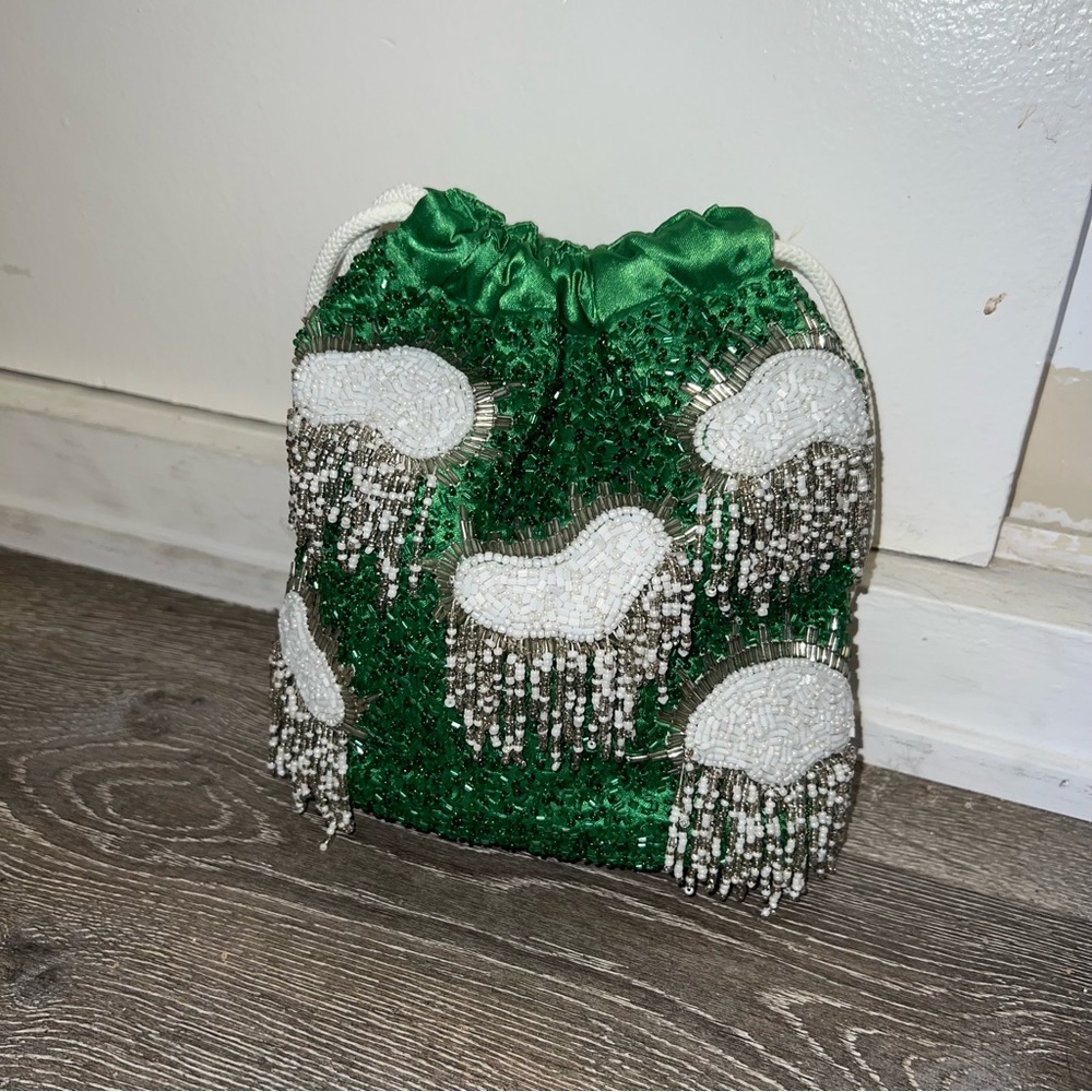 Hvisk green satin & sequin cloud drawstring pouch purse